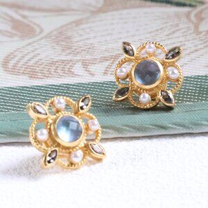 New Julie Vos Charcoal Blue Monaco Stud Earrings Gold